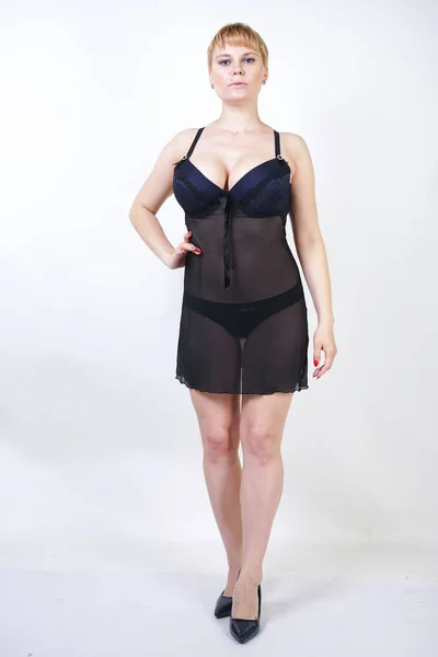 Size Adult Girl Wearing Transparent Underwear Dress Beautiful Chubby Woman — Stock Photo, Image
