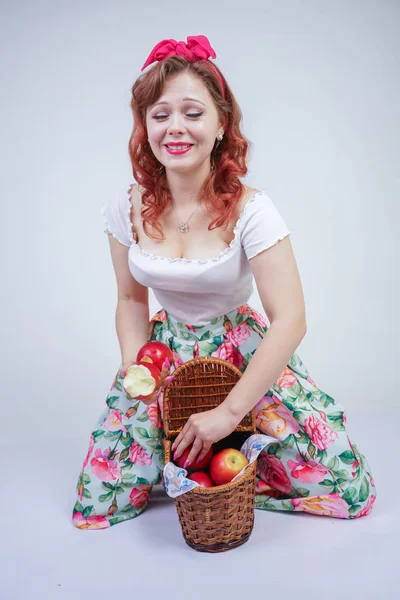 Pretty Pin Caucasian Young Girl Happy Posing Red Apples Cute Royalty Free Stock Images