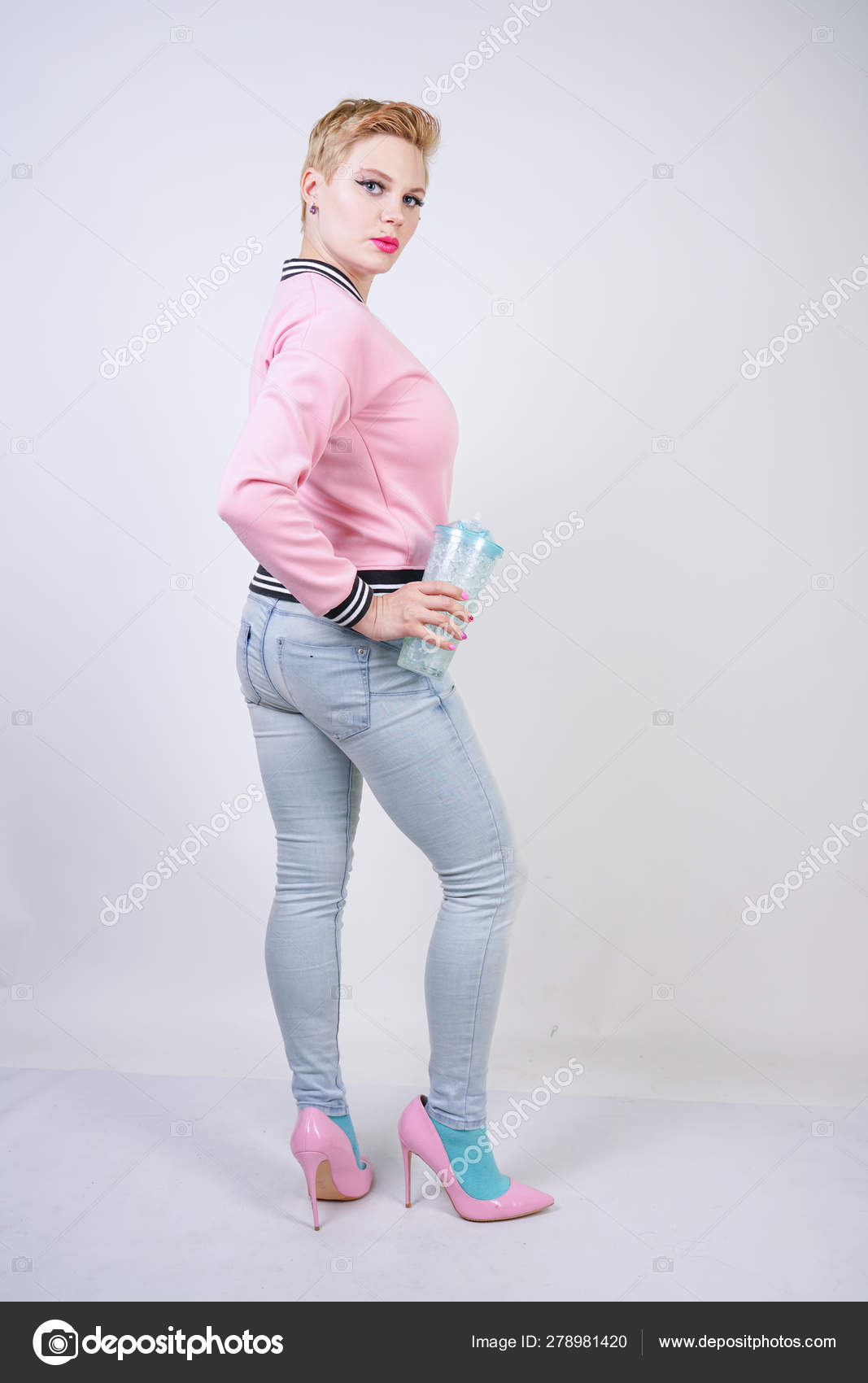 Pretty Size Short Hair Woman Blue Cup Water Blonde Adult Stock