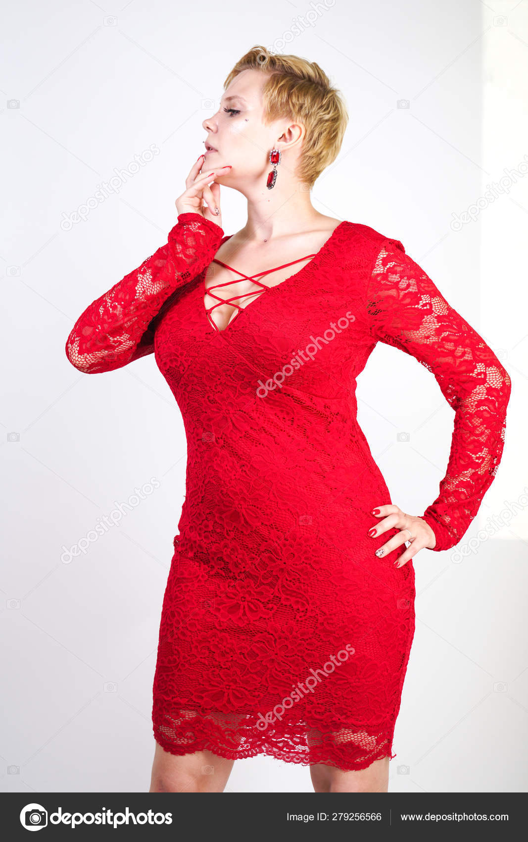 Fashion Female Red Lace Dress Standing Alone Size Blonde Woman Photo by ©agnadevi
