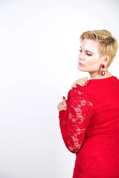Fashion Female Red Lace Dress Standing Alone Size Blonde Woman — Stock Photo, Image