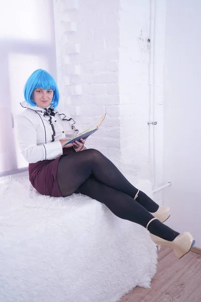 Pretty Size Girl Blue Wig Have Many Dreams Her Diary — Stock Photo, Image