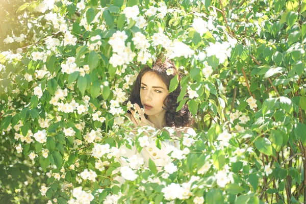 Дівчина стоїть серед кущів жасмину і вдихає аромат квітів — стокове фото