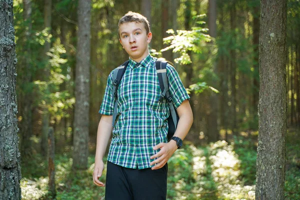Chłopiec nastolatek chodzenie w lesie sam w letni dzień — Zdjęcie stockowe