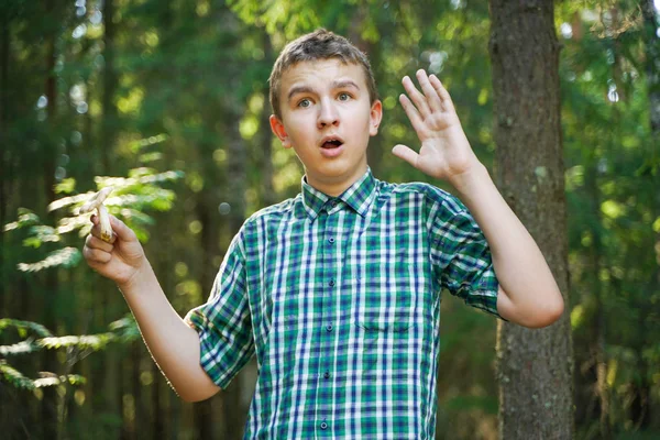 Yaz gününde ormanda mantar ile genç çocuk — Stok fotoğraf