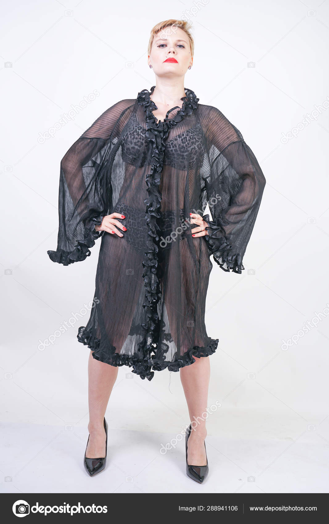 Hot Plus Size Woman With Short Hair In Transparent Black Robe