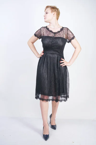 Hot chubby short hair woman with cute goth lace dress — Stock Photo, Image