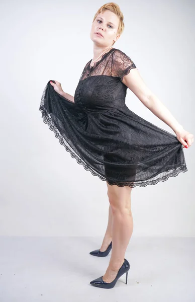Hot chubby short hair woman with cute goth lace dress — Stock Photo, Image