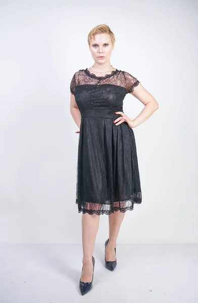 Hot chubby short hair woman with cute goth lace dress — Stock Photo, Image