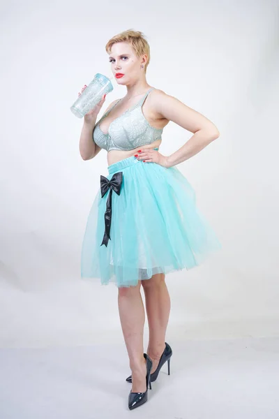 Plus size woman with short hair wear bra and tutu skirt — Stock Photo, Image