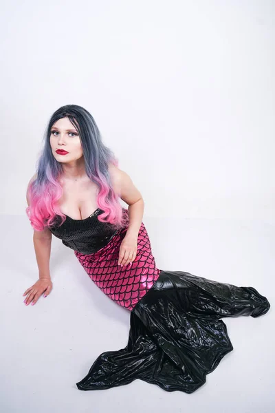 Gothic plus size adult mermaid on white studio background — Stock Photo, Image