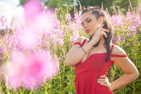 Muito mixrace morena menina em vestido vermelho posando em rosa natureza flores campo — Fotografia de Stock