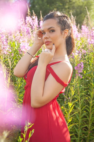 Jolie mixrace brunette fille en robe rouge posant dans la nature rose fleurs champ — Photo