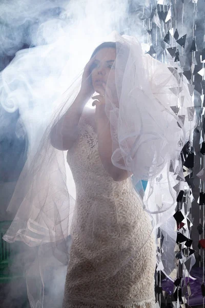 Retrato de la hermosa novia contra una luz en el interior en el humo — Foto de Stock