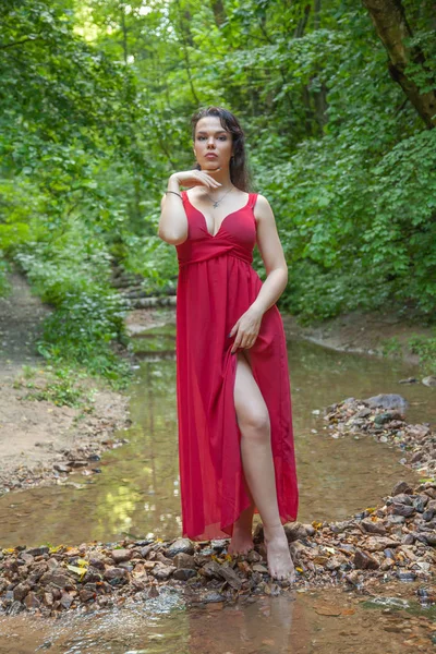 Belle fille dans une robe rouge chic posant dans la forêt de fées . — Photo