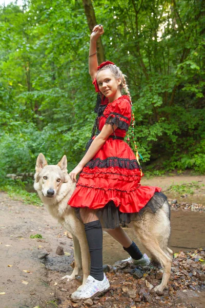 Fröhliche hübsche junge Frau in rotem Kleid sitzt und umarmt ihren Wolfshund im Wald — Stockfoto