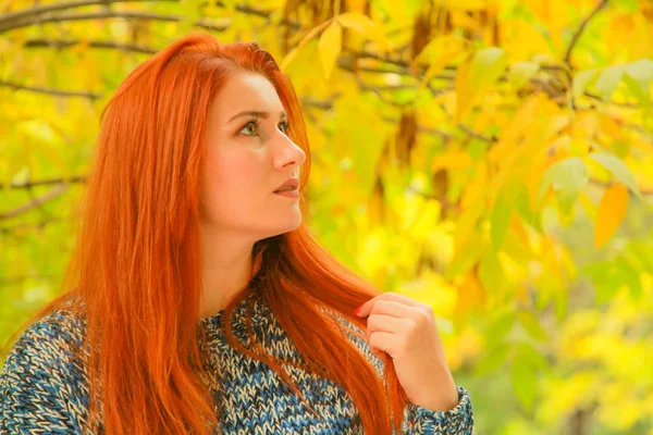 Mooie jonge roodharige vrouw in trui met herfst geel verlaat val boom — Stockfoto