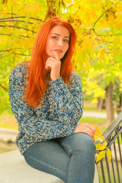 Gyönyörű fiatal vöröshajú nő pulóvert, ősz sárga levelek alá fa — Stock Fotó