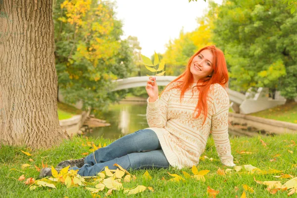 도시 공원의 나무 근처 땅에 앉아 따뜻한 흰색 가을 스웨터에 빨간 머리 여자 — 스톡 사진