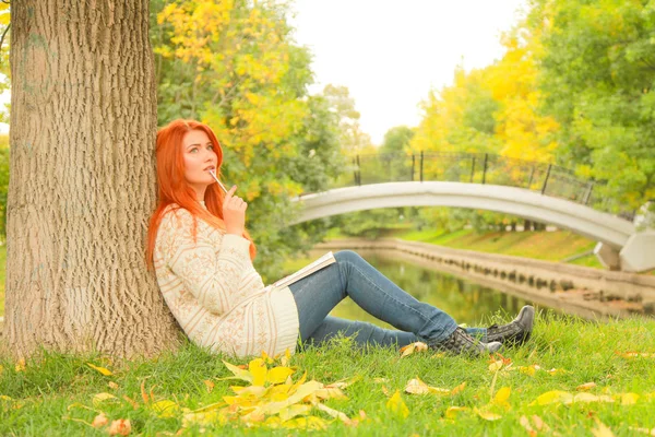 Mooie jonge Redhead meisje lezen boek in de stad herfst groen en geel stadspark — Stockfoto