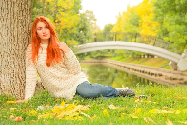 Schöne junge rothaarige Mädchen lesen Buch in der Stadt Herbst grün und gelb Stadtpark — Stockfoto