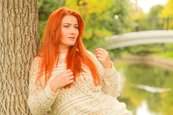 Mulher ruiva bonita jovem em camisola caminha no outono — Fotografia de Stock