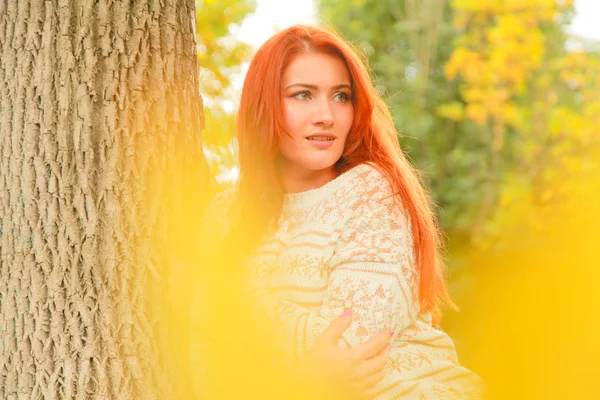 Primer plano retrato al aire libre con hermosa mujer joven en suéter de otoño caliente cerca de hojas amarillas de otoño — Foto de Stock