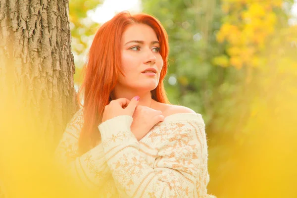 Zbliżenie na zewnątrz portret z piękną młodą kobietą w ciepłym jesiennym swetrze w pobliżu żółtego jesiennego liści — Zdjęcie stockowe