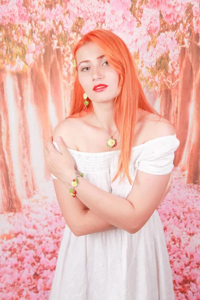 Portrait of girl with orange hair in white summer fashion dress — Stock Photo, Image