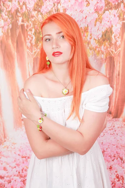 Portrait of girl with orange hair in white summer fashion dress — Stock Photo, Image