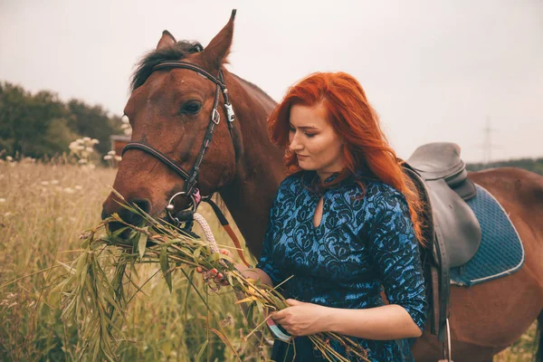 Krásná dívka s koněm, který chodí společně — Stock fotografie