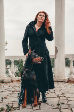 köpeği siyah doberman açık havada birlikte yürüyüş ile güzel kadın sahibi