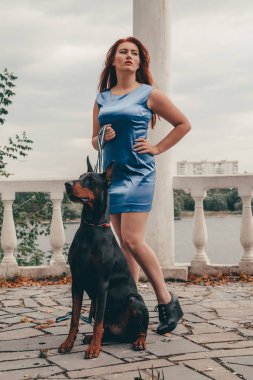 köpeği siyah doberman açık havada birlikte yürüyüş ile güzel kadın sahibi