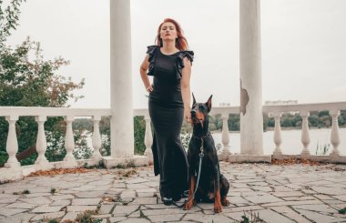 köpeği siyah doberman açık havada birlikte yürüyüş ile güzel kadın sahibi