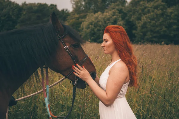 Krásná dívka s koněm, který chodí společně — Stock fotografie