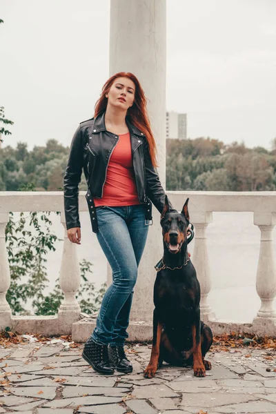 Όμορφη γυναίκα ιδιοκτήτη με το σκύλο της μαύρο Ντόμπερμαν υπαίθρια Περπάτημα μαζί — Φωτογραφία Αρχείου