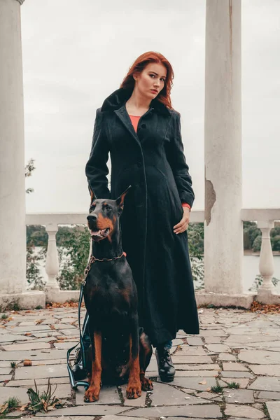 Όμορφη γυναίκα ιδιοκτήτη με το σκύλο της μαύρο Ντόμπερμαν υπαίθρια Περπάτημα μαζί — Φωτογραφία Αρχείου