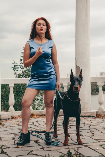 Femeie frumoasă proprietar cu ei câine negru doberman în aer liber de mers pe jos împreună — Fotografie, imagine de stoc