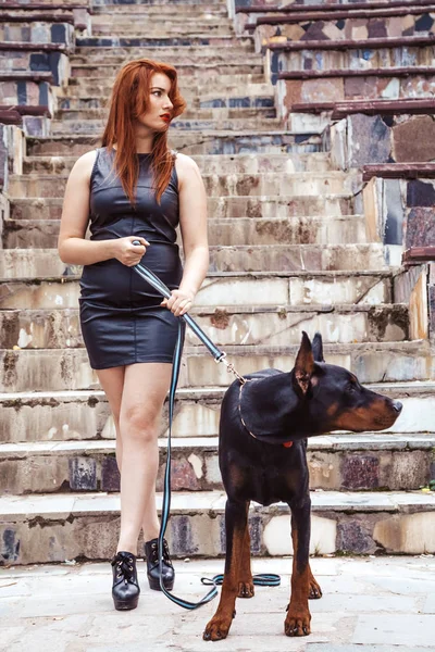 Femeie frumoasă proprietar cu ei câine negru doberman în aer liber de mers pe jos împreună — Fotografie, imagine de stoc