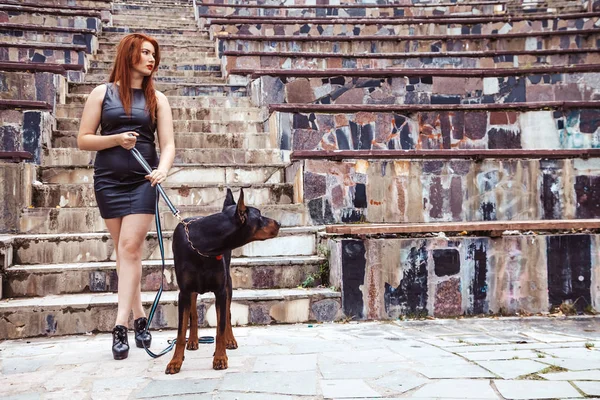 Belle femme propriétaire avec son chien noir doberman promenade en plein air ensemble — Photo