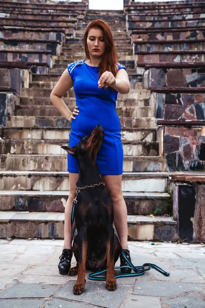Femeie frumoasă proprietar cu ei câine negru doberman în aer liber de mers pe jos împreună — Fotografie, imagine de stoc