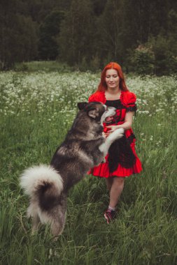 Yaz mevsiminde doğa arka planda büyük gri köpekli kız. Yaşam tarzı fotoğrafı.
