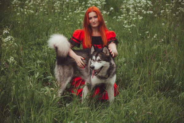 Chica con gran perro gris en el fondo de la naturaleza en la hora de verano. Estilo de vida foto . — Foto de Stock