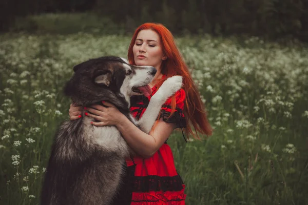 Chica con gran perro gris en el fondo de la naturaleza en la hora de verano. Estilo de vida foto . — Foto de Stock