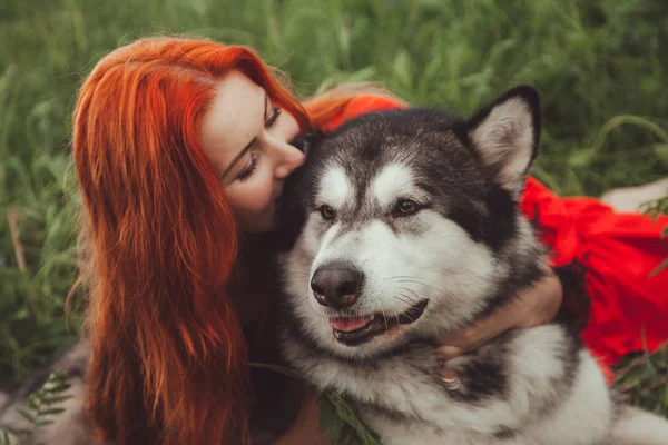여름 시간에 자연 배경에 큰 회색 개와 소녀. 라이프 스타일 사진. — 스톡 사진