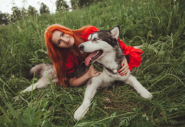 夏の時に自然の背景に大きな灰色の犬を持つ女の子。ライフスタイル写真. — ストック写真