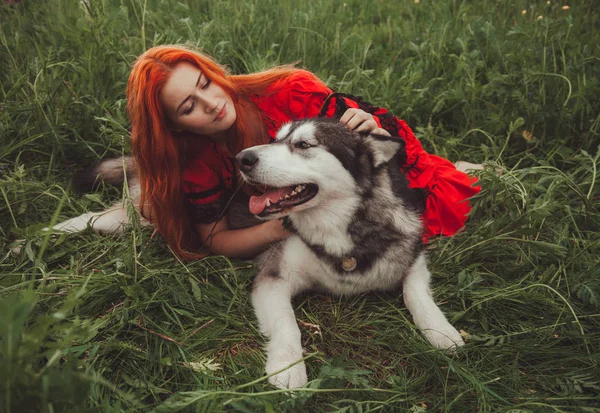 Chica con gran perro gris en el fondo de la naturaleza en la hora de verano. Estilo de vida foto . — Foto de Stock