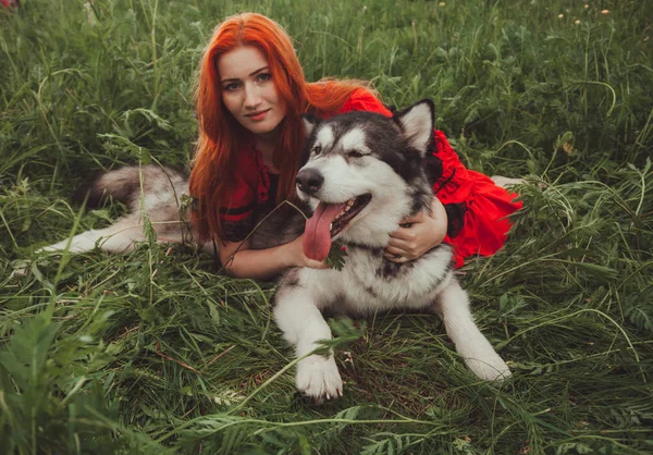 Dívka s velkým šedým psem v létě v pozadí přírody. Fotografie životního stylu. — Stock fotografie