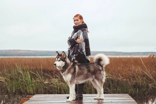 Rusovlasá Kavkazská žena s malamut šedým velkým psem u jezera — Stock fotografie