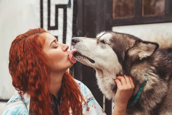 Flicka med sin hund Malamute nära runt hem långt bort från civilisationen i skogen — Stockfoto